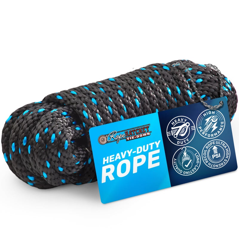 Rope Ratchet 3/8" 50 ft Braided Polypropylene Utility Cord, Weather Resistant Indoor Outdoor for Gardening, DIY Projects, Securing Loads, Binding, Knot Tying, Tarp Use, 250 lb Capacity - Black/Blue - Image 1